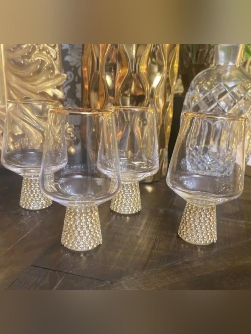 4pc Christian Siriano Gorgeous Rhinestone GOLD Rim Decorative SHOT Glasses NEW